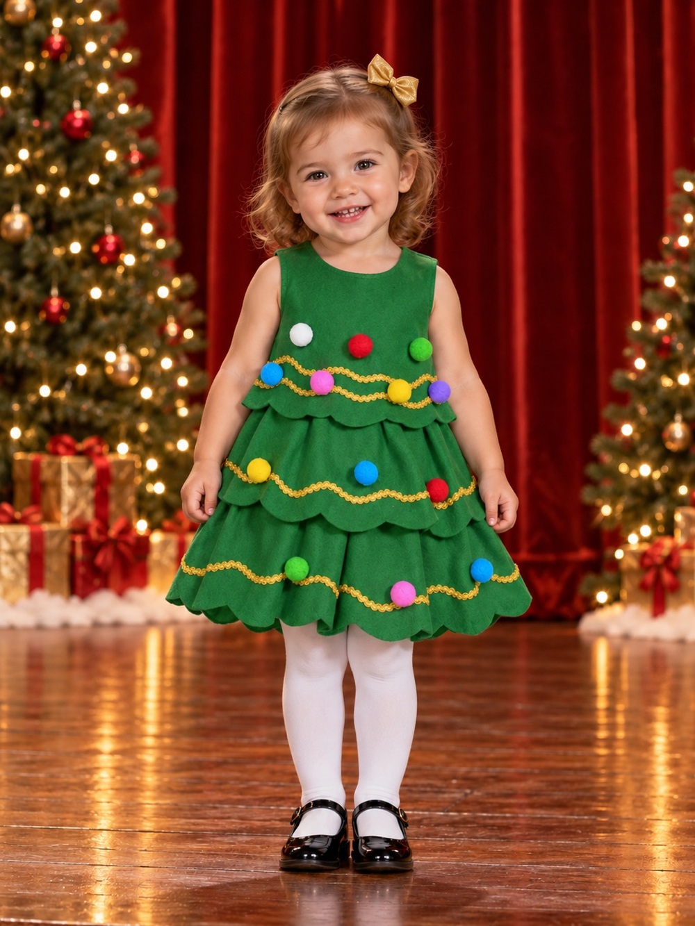 Handmade Girls 5T Christmas Tree Dress Gold Trim Pom-Poms NWOT